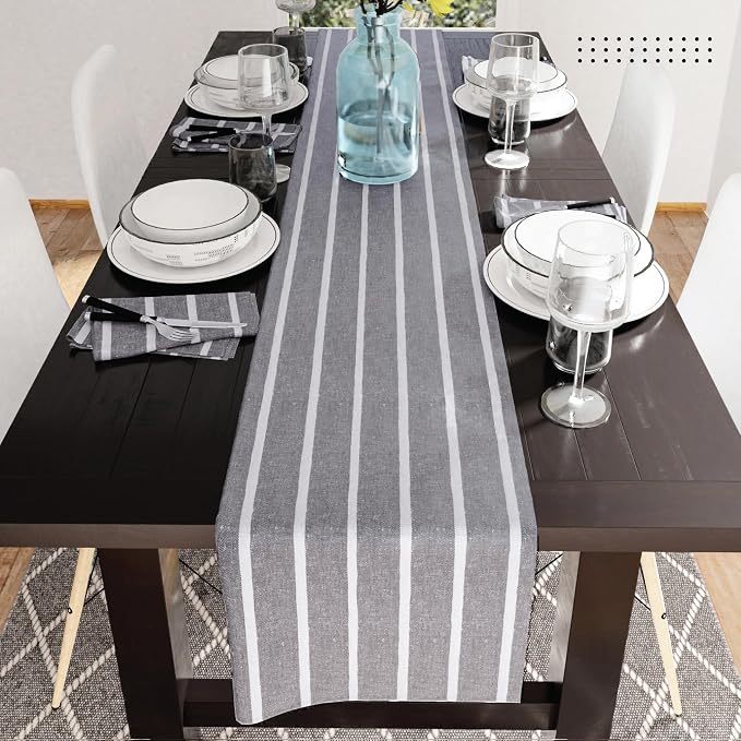 Encasa XO Cotton Dining Table Runner | Roma Grey Stripes | Size 13x118 in - Image 2