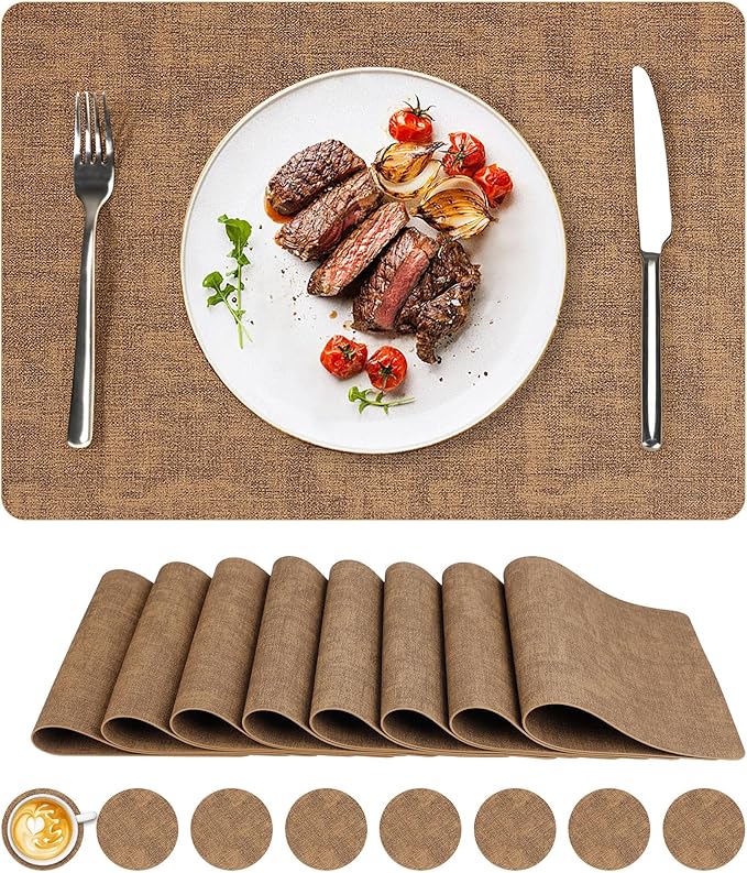 Vinyl Placemats Set of 8, Faux Leather Waterproof and Heat Resistant Place Mats by NCUE