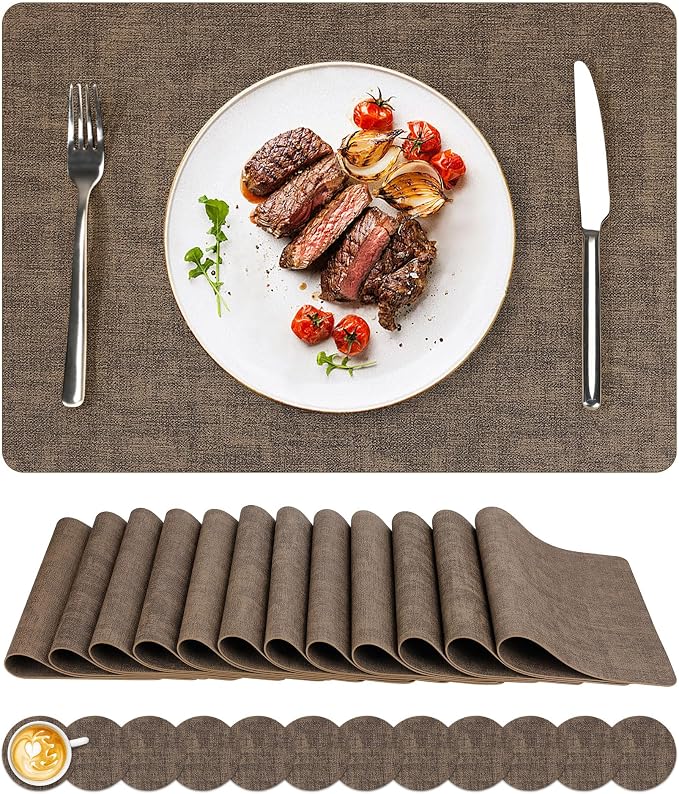 Vinyl Placemats Set of 12, Faux Leather Waterproof and Heat Resistant Place Mats by NCUE