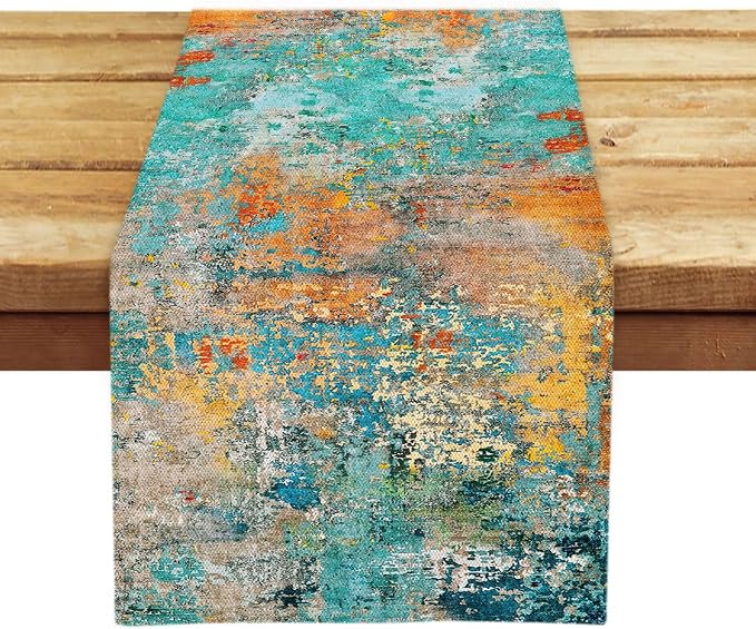 OYIMUA Modern Abstract Teal Yellow Colorful Table Runner 13 x 36 Inches Summer - Image 3