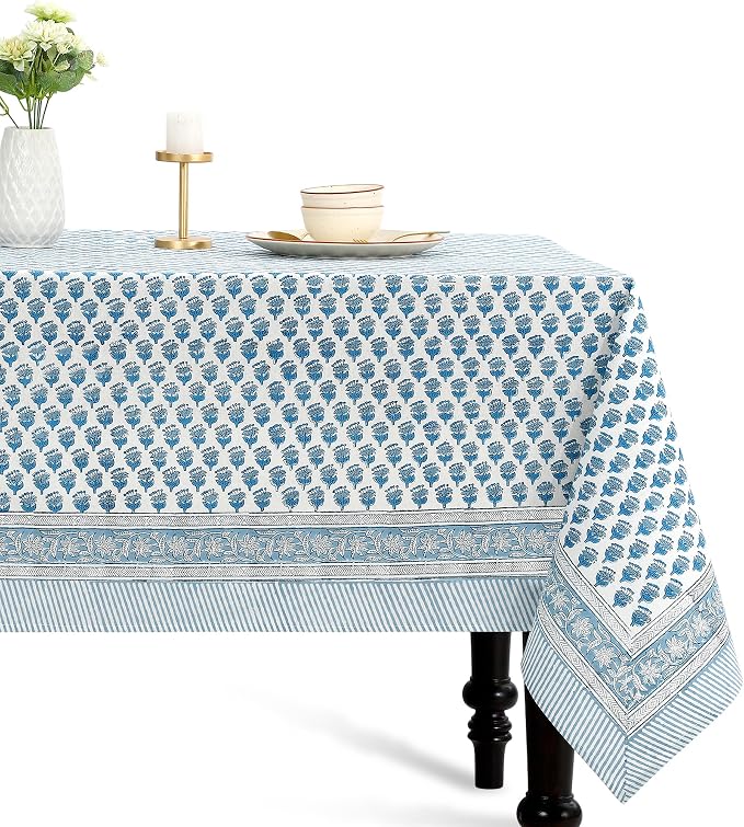 CPC Apatite Blue Floral Hand Block Printed 100% Cotton Tablecloth 60x120 by COTTONPRINTCLUB