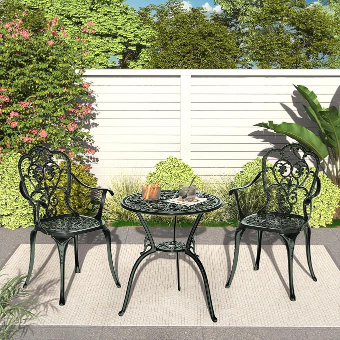 Patio Bistro Set of 2, Cast Aluminum, Outdoor Set w/Umbrella Hole, 3 Piece - Image 7