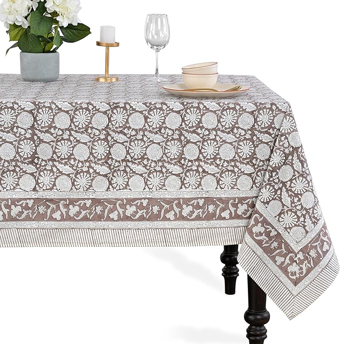 CPC Rustic Brown Tablecloth 100% Cotton 60x60 Inch Indian Block Print Rectangle by COTTONPRINTCLUB