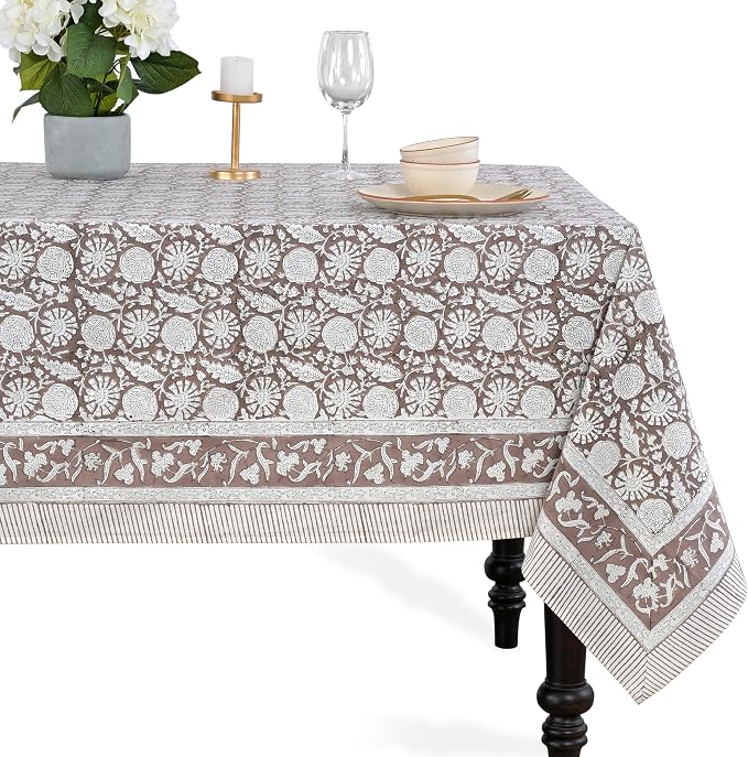 CPC Rustic Brown Tablecloth 100% Cotton 80x120 Inch Indian Block Print by COTTONPRINTCLUB