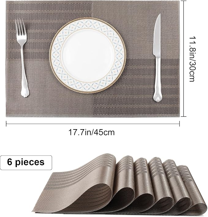 fanquare Vinyl Woven Placemats Set of 6 Classic Stylish Brown Patchwork Striped - Image 5