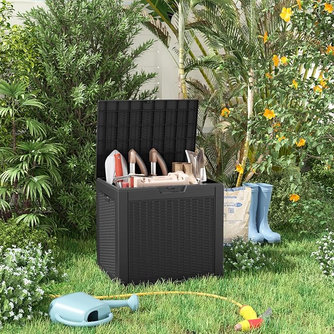 31 Gallon Wicker Pattern Resin Deck Box, Lockable Patio Outdoor Storage Box - Image 7