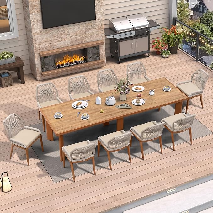 PURPLE LEAF 11 Pieces Dining Set Patio Metal Rectangular Table and Wicker by PURPLELEAF
