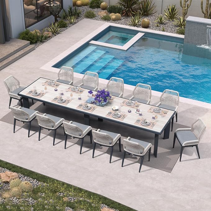 PURPLE LEAF 13 Pieces Patio Dining Set Aluminum Rectangular Table and Wicker by PURPLELEAF