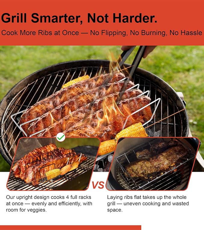 Rib Rack for Smoking – Foldable Extra Long Stainless Steel Rib Holder for 4 - Image 2