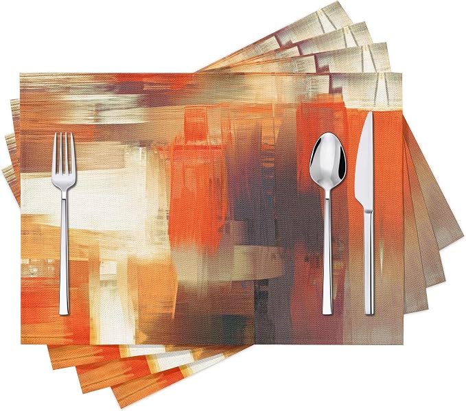 Modern Art Placemats Set of 4 Orange Abstract Painting Place Mats Washable by Fjogymlea
