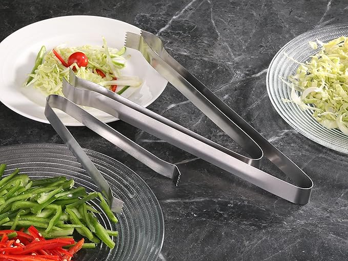 Serving Tongs, Stainless Steel with Serrated Tips, Satin Silver, 9 Inch