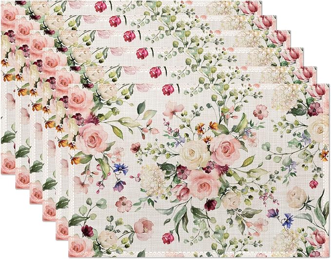 Spring Flower Placemats Set of 6, Waterproof Non-Slip Washable Table Mats Set by CIAIDU