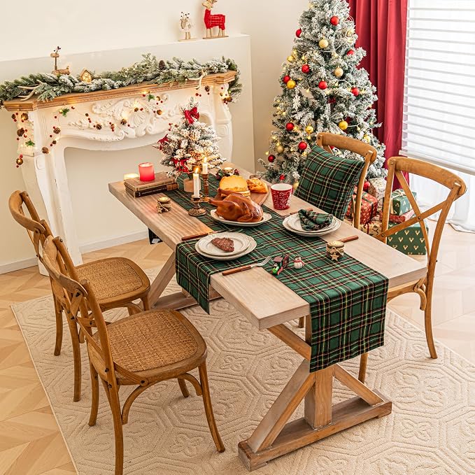 Green Yellow Plaid Christmas Table Runner, Winter Holiday Table Runners 72 - Image 7