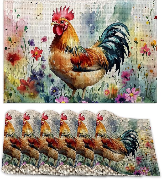 6 Pcs Placemats, Chicken Placemat, Flower Field Table Mats Washable Recyclable by ZTHLL