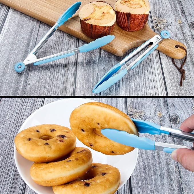 Tongs – 7-Inch Mini Stainless Steel Tongs with Silicone Heads, Blue