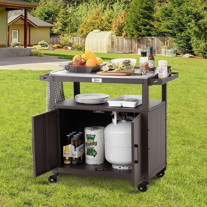 Outdoor Grill Cart with Stainless Steel Tabletop and Storage Cabinet, Movable - Image 2