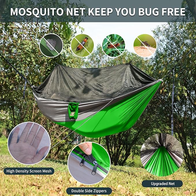 Double Travel Hammock with Mosquito Net, Parachute Nylon, Green