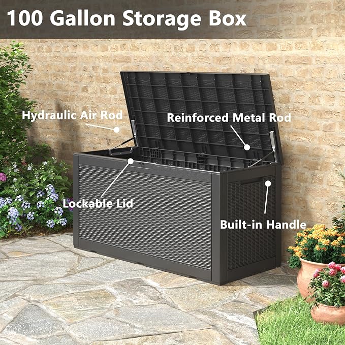 KAMABOKO 101 Gallon Waterproof Large Resin Deck Box, Lockable Large Outdoor - Image 4
