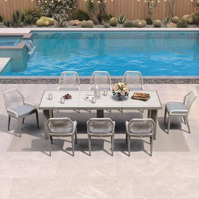 PURPLE LEAF 9 Pieces Patio Dining Set Aluminum Rectangular Table and Wicker by PURPLELEAF