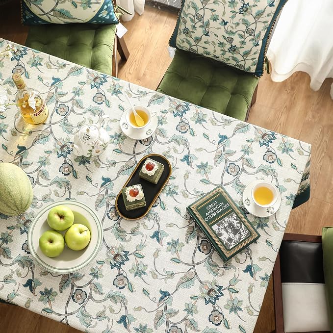 patdrea Designer Green Linen Rectangle Tablecloth, Vintage Floral Pattern - Image 5