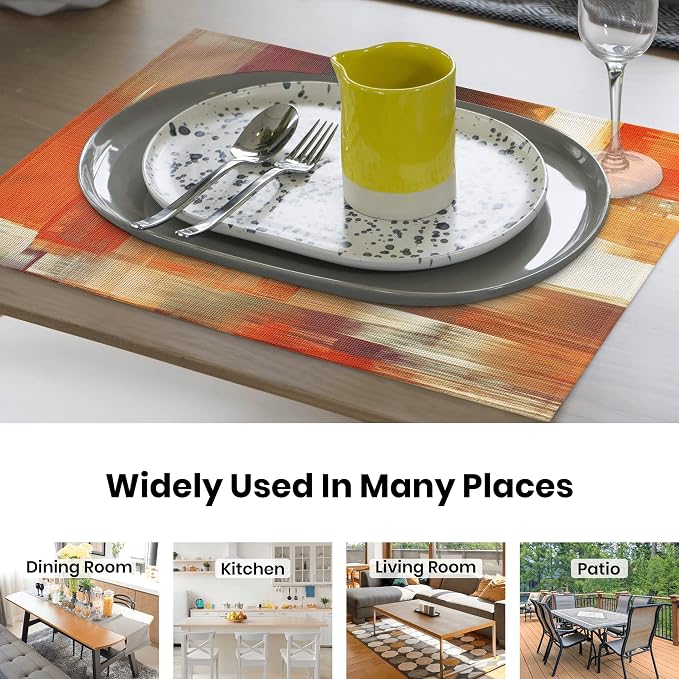 Orange Placemats for Dining Table Set of 6 Modern Art Abstract Painting Place - Image 4
