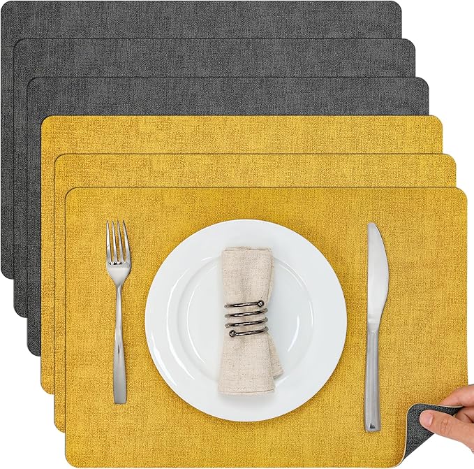 Myir JUN Dual Sided Placemats, Faux Leather Set of 6 Indoor/Outdoor Square by MyirJUN
