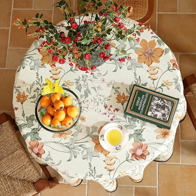 French Tablecloth for Round Table, Linen Orange Floral Wrinkle Resistant - Image 6