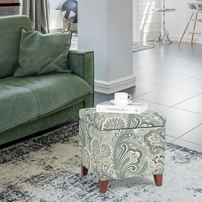 Adeco 18 Inch High Cube Ottoman Storage, Paisley Linen Chair Foot Stools - Image 7