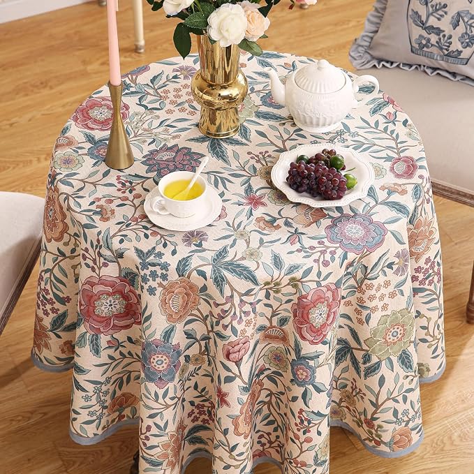 Designer Vintage Linen Round Tablecloth, French Rustic Floral Table Cloth - Image 4