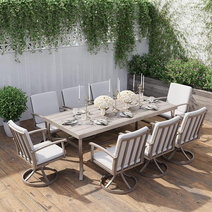 HAPPATIO Aluminum 9 Piece Patio Dining Set, Outdoor Swivel Dining Chairs and by HAPPATIO