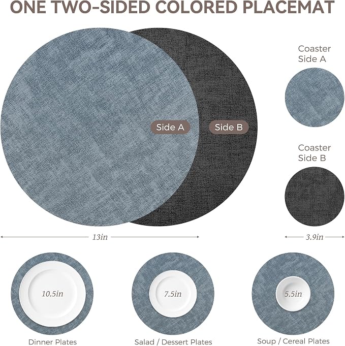 13" Round Placemats Set of 4, NCUE Dual-Sided Faux Leather Heat Resistant Table - Image 4