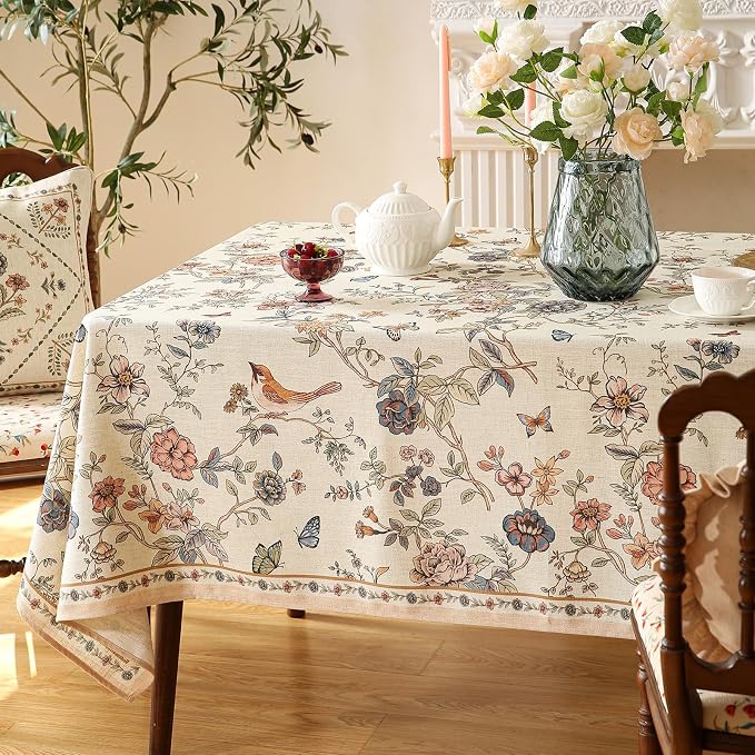 ISAENNE Designer French Light Beige Long Tablecloth Rectangle, Linen Florals - Image 8