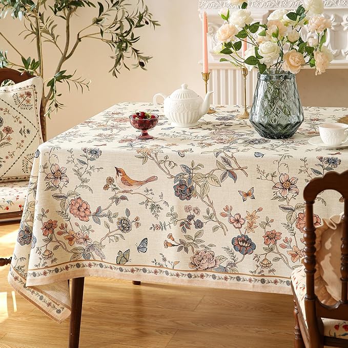 ISAENNE Designer French Light Beige Square Tablecloth, Linen Florals and Birds - Image 8