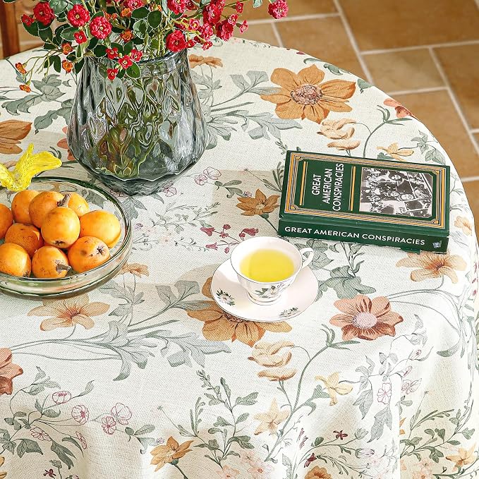 French Tablecloth for Round Table, Linen Orange Floral Wrinkle Resistant - Image 9