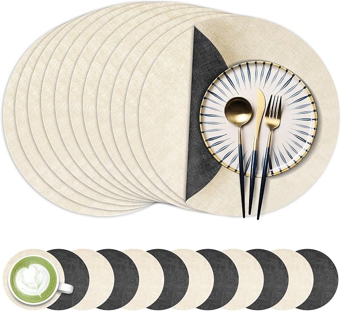 13-Inch Faux Leather Round Placemats Set of 12, Waterproof Anti-Slip Dual Sided by Fyvva