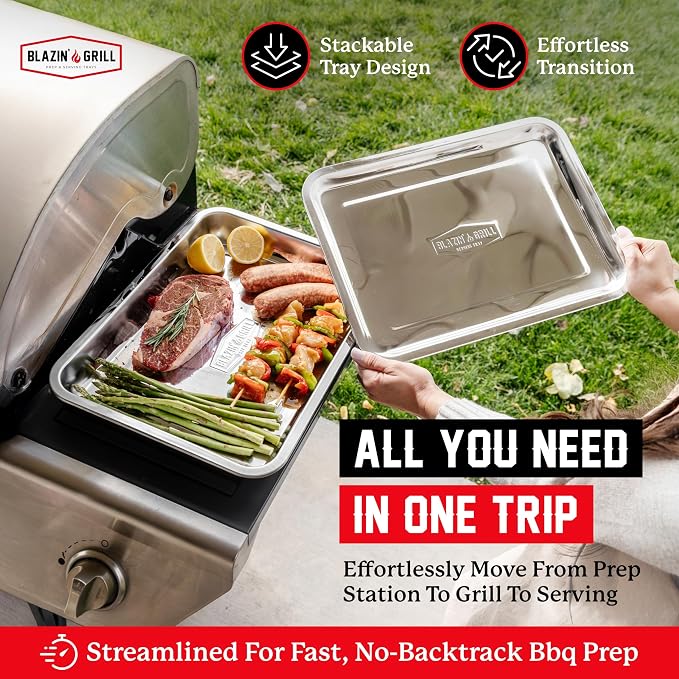BLAZIN' GRILL Prep and Serving Trays | Set of 2 Stackable, Stainless Steel BBQ - Image 5