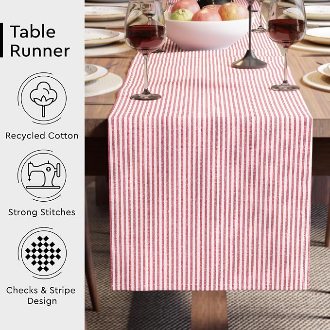 Encasa XO Cotton Dining Table Runner | Ticking Red | Size 13x94 in - Image 3