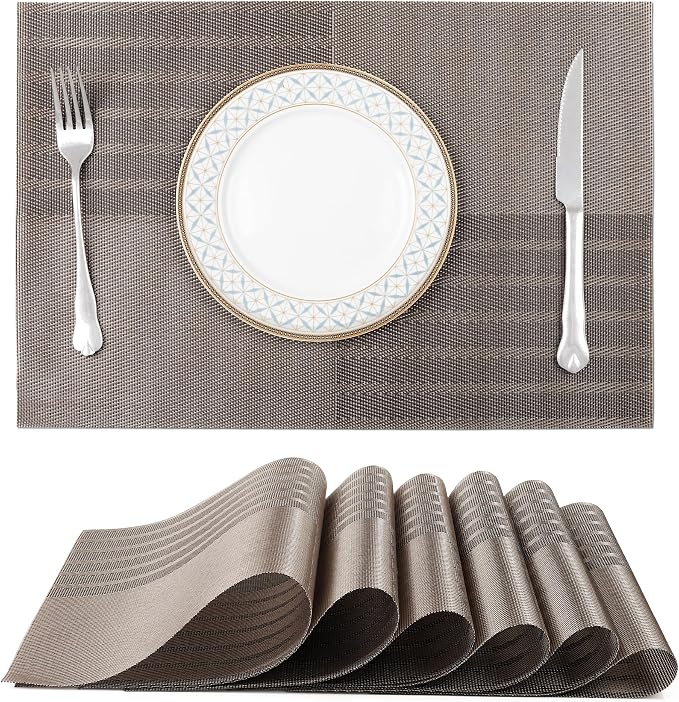 fanquare Vinyl Woven Placemats Set of 6 Classic Stylish Brown Patchwork Striped by fanquare