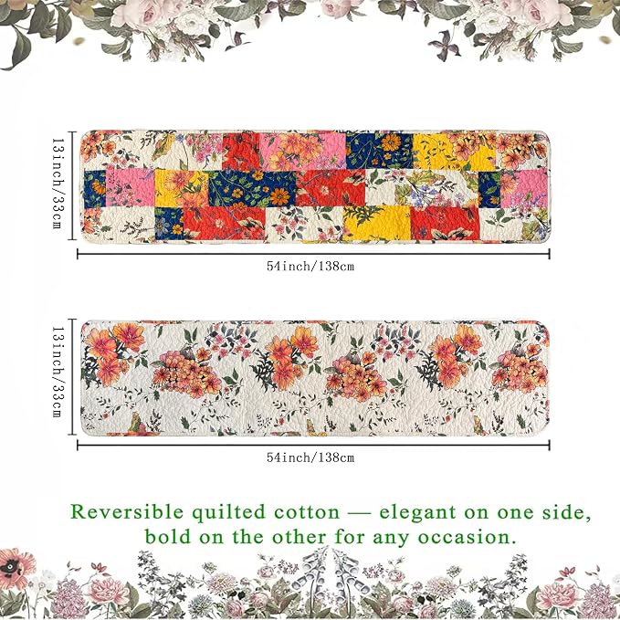 Cotton Quilted Floral Patchwork Table Runner 54 Inches Long – Handmade - Image 2