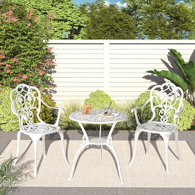 Patio Bistro Set of 2, Cast Aluminum, Outdoor Set w/Umbrella Hole, 3 Piece - Image 6