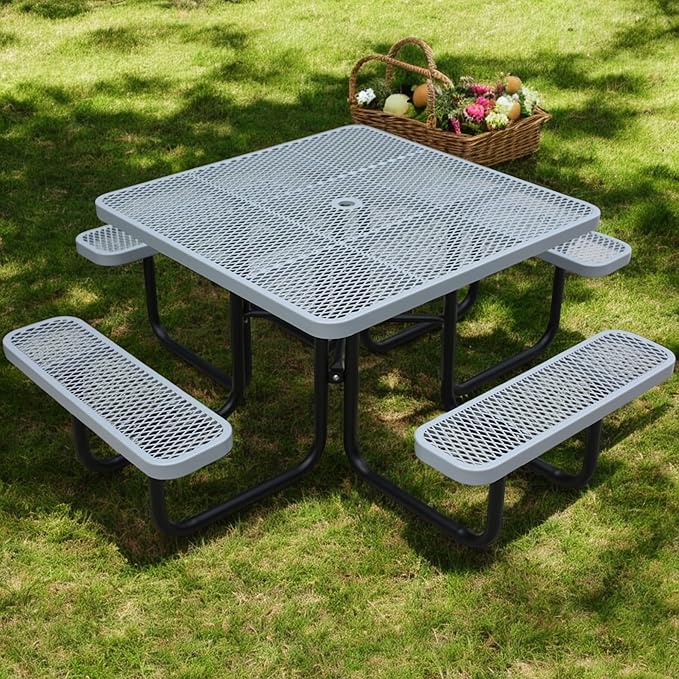 46" Square Picnic Table W/Benches, Heavy Duty Metal Picnic Table Set by HIMcup