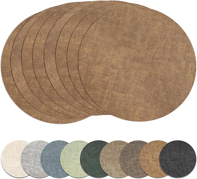 13" Round Placemats Set of 8, Reversible Faux Leather Heat Resistant Table Mats by NCUE