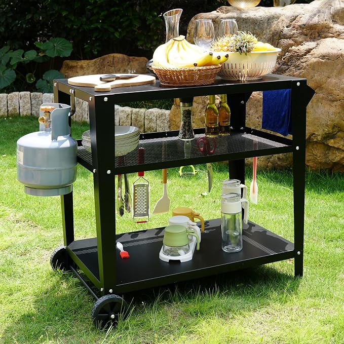 Black Outdoor Grill Cart with Wheels, Heavy-Duty 3-Tier BBQ Prep Table - Image 2