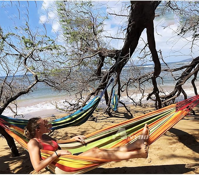 Camping Hammock in Orange Cotton with Anti-Rollover Design