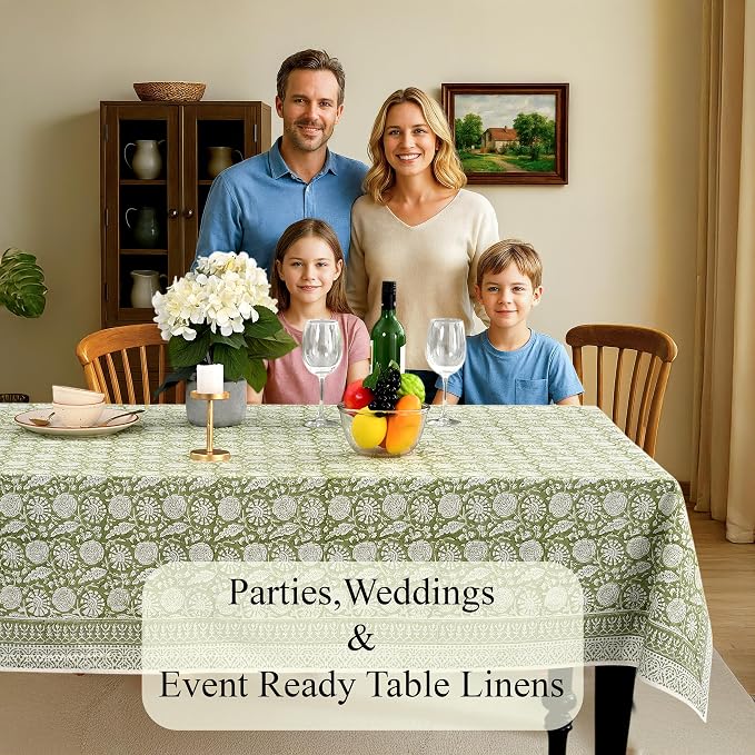 CPC Olive Bloom Tablecloth 100% Cotton 70x108 Inch Indian Block Print Rectangle - Image 3