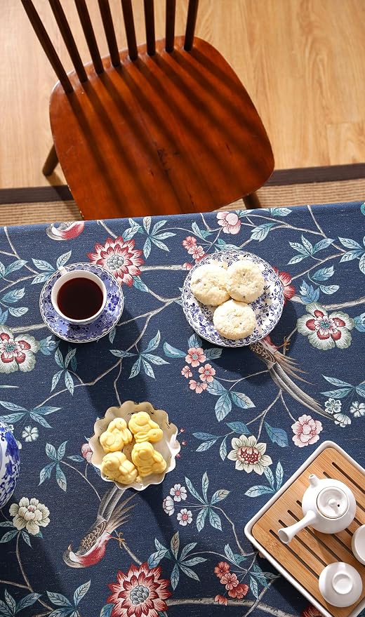 patdrea Designer Dark Blue Linen Rectangular Tablecloth, Vintage Navy French - Image 6