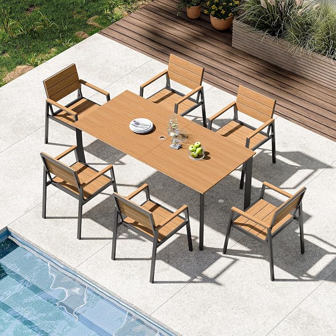Patio Outdoor Dining Set for 6, Aluminum 7 Piece HDPS Outdoor Table and Chairs by ComfCove