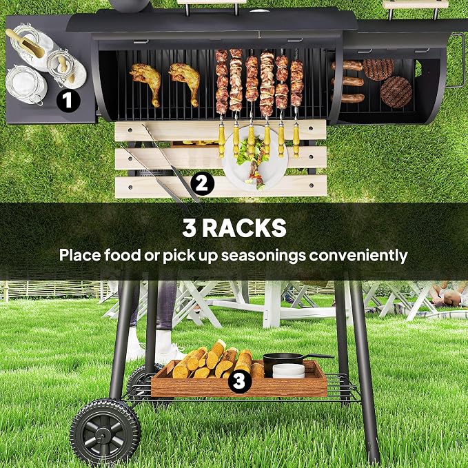 Outsunny 48" Portable Barrel Charcoal BBQ Grill, Steel Outdoor Barbecue Smoker - Image 6