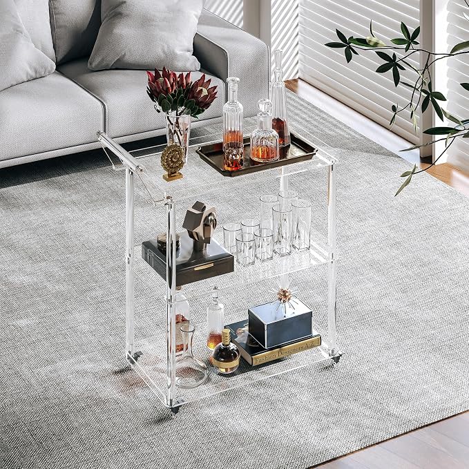 Dethan Acrylic Bar Cart with Lockable Wheels, Rolling Serving Cart with Pulling - Image 3