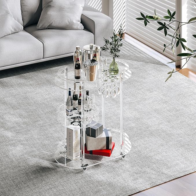 Dethan Acrylic Bar Cart with 4 Lockable Wheels, Oval Modern Home Beverage - Image 4